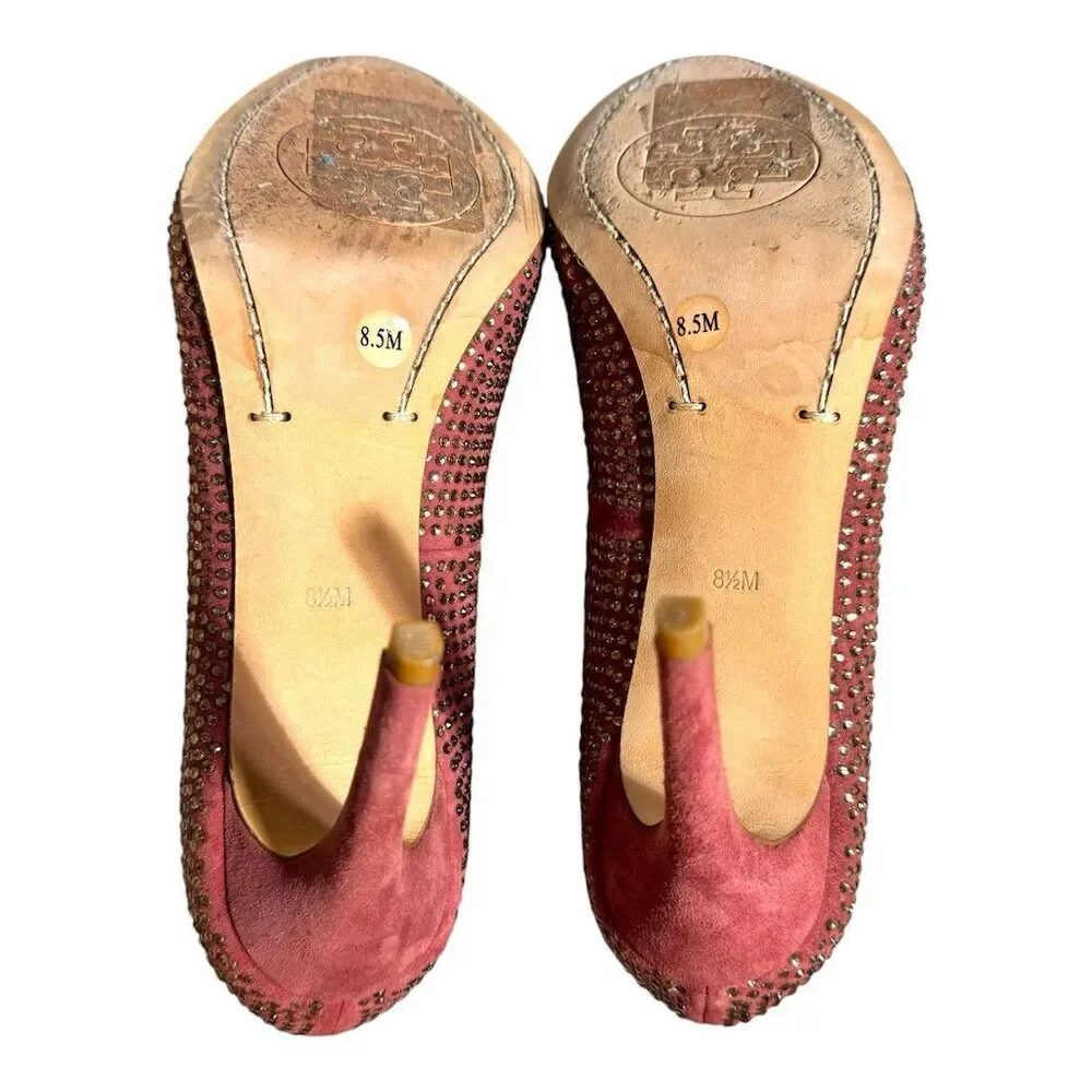 Tory Burch Phoenix Charm Pink Crystal Suede Pumps Size 8.5 Women's Party Heels
